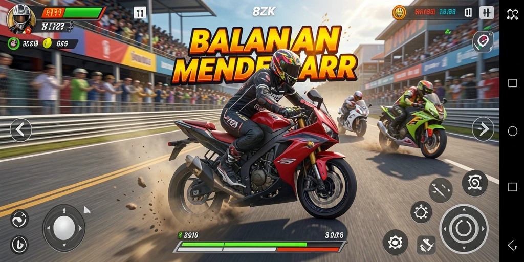 Tangkapan layar utama 8ZK menampilkan aksi balapan motor yang intens.