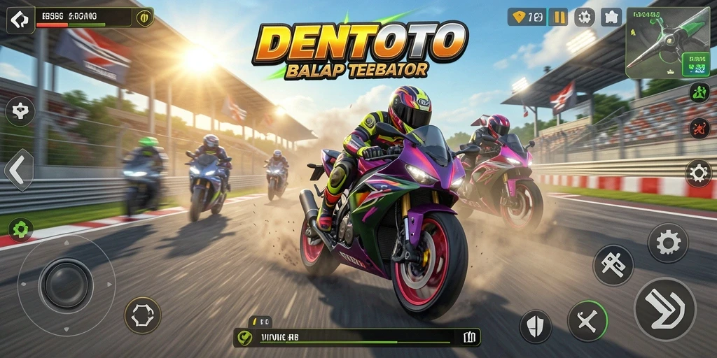 Screenshot gameplay DENTOTO menampilkan balapan motor yang seru.