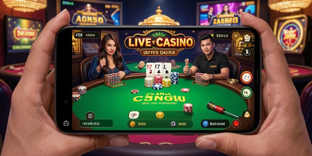 Screenshot gameplay F08 menampilkan dealer langsung dan suasana kasino yang menarik.