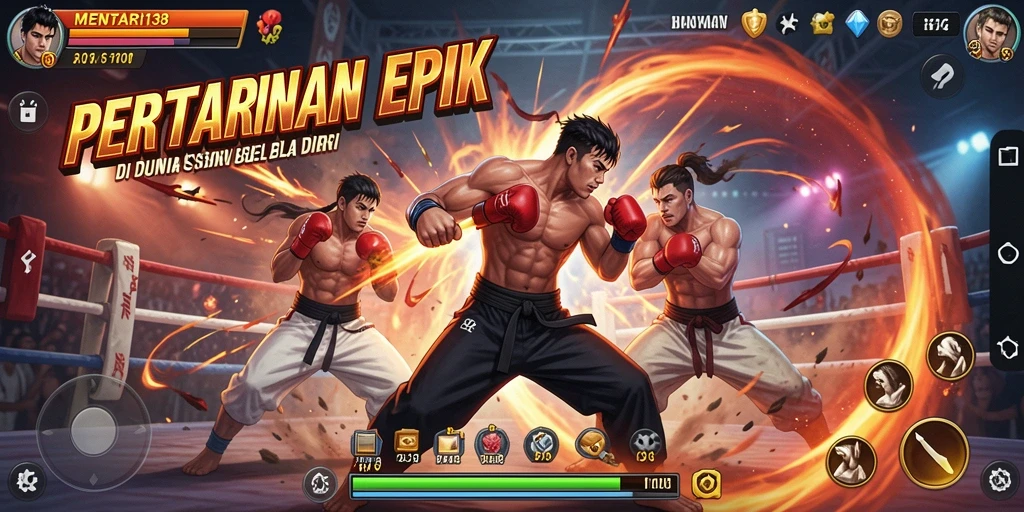 Screenshot utama MENTARI138 menampilkan pertarungan intens antar karakter.