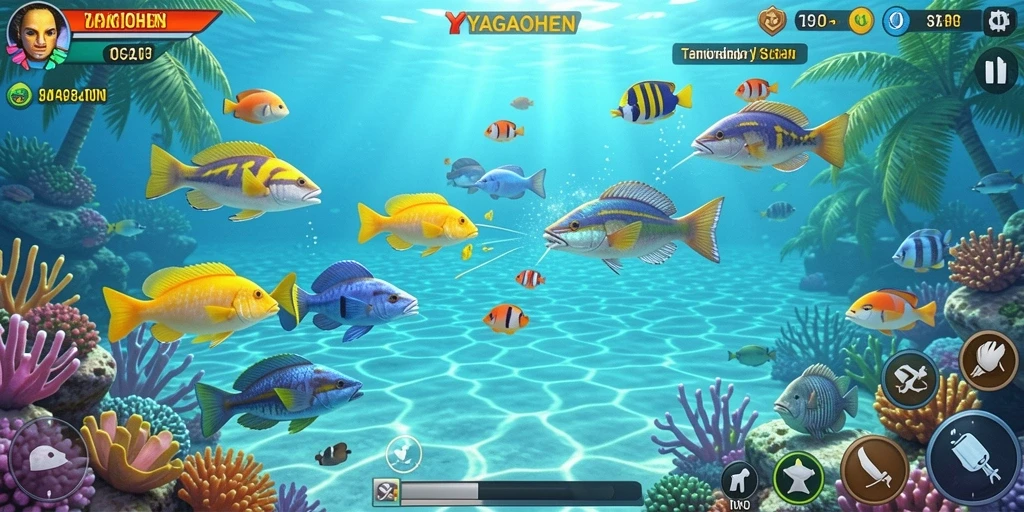Screenshot gameplay YAGAOHEN menampilkan aksi menembak ikan yang seru.